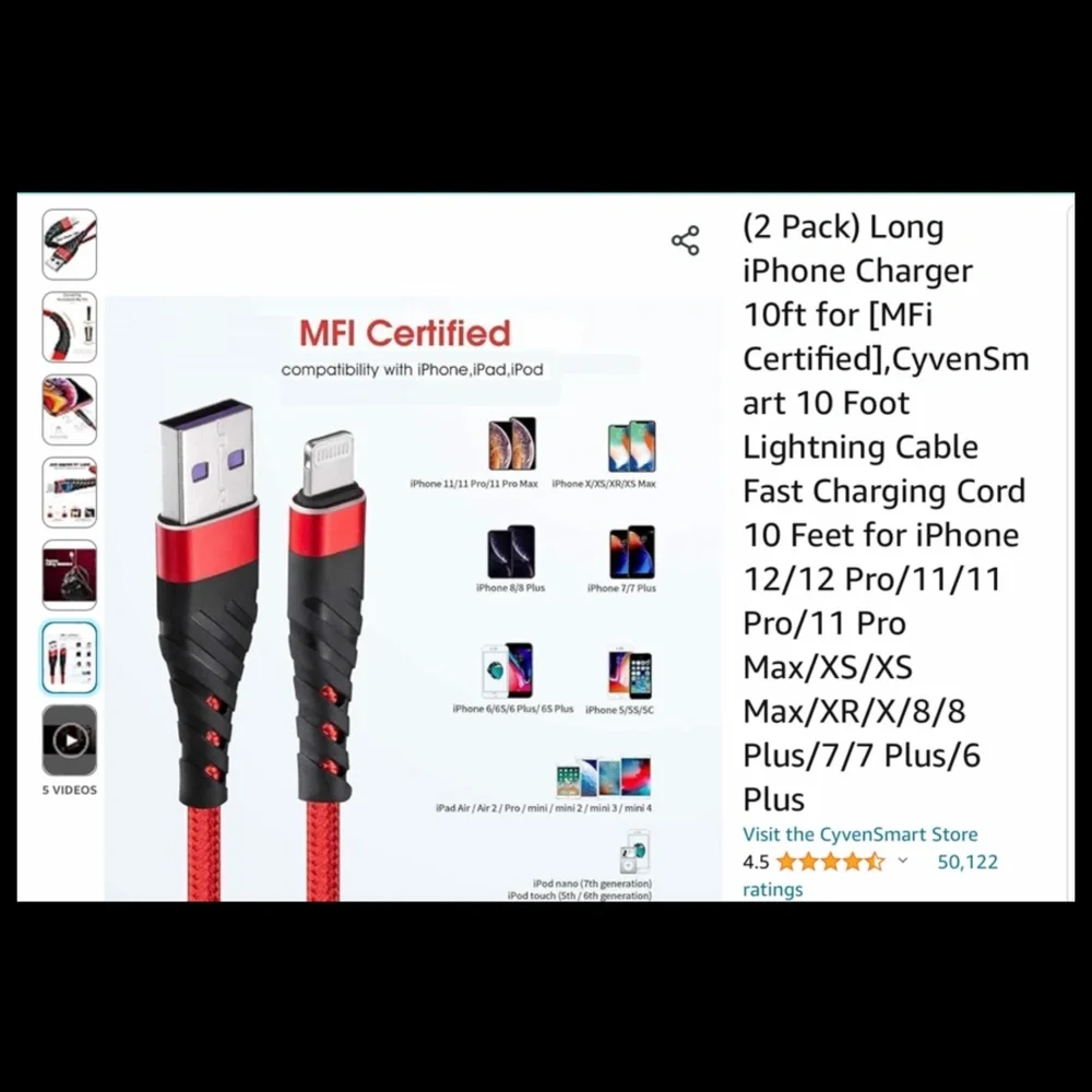 APPLE LIGHTENING CHARGER CORDS 10FT USB TO APPLE LIGHTENING RED 2-PACK